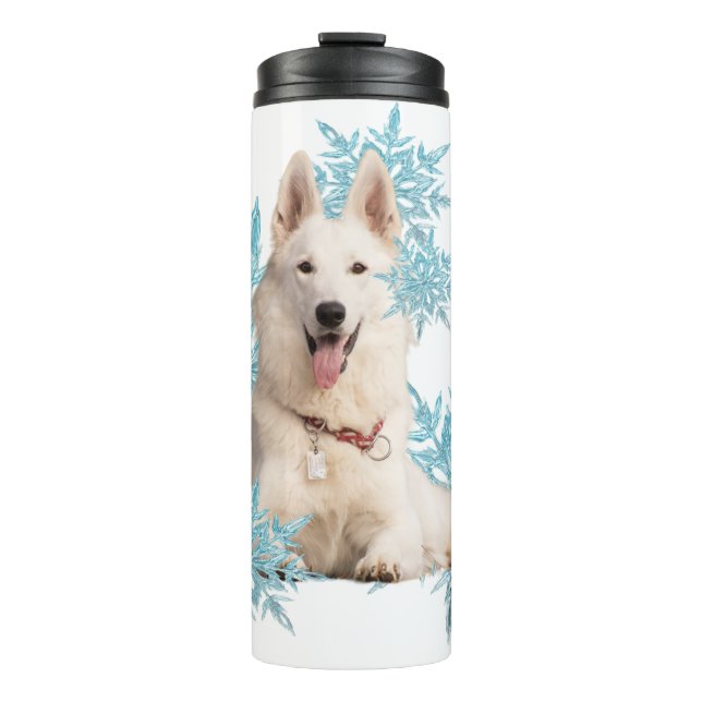 White German Shepherd laying in the Snowflakes  Thermal Tumbler (Front)