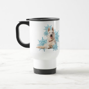 White German Shepherd laying in the Snowflakes Travel Mug