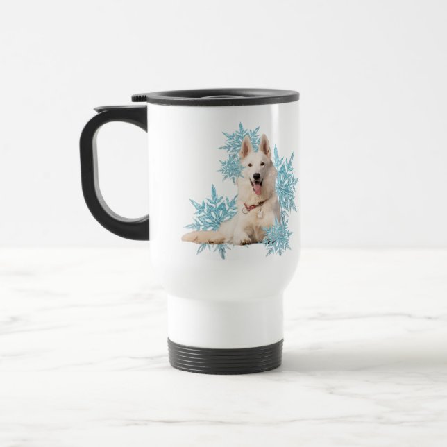 White German Shepherd laying in the Snowflakes Travel Mug (Left)