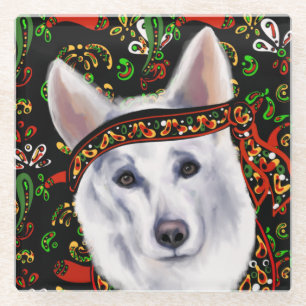 WHITE GERMAN SHEPHERD  MEXICO GLASS COASTER