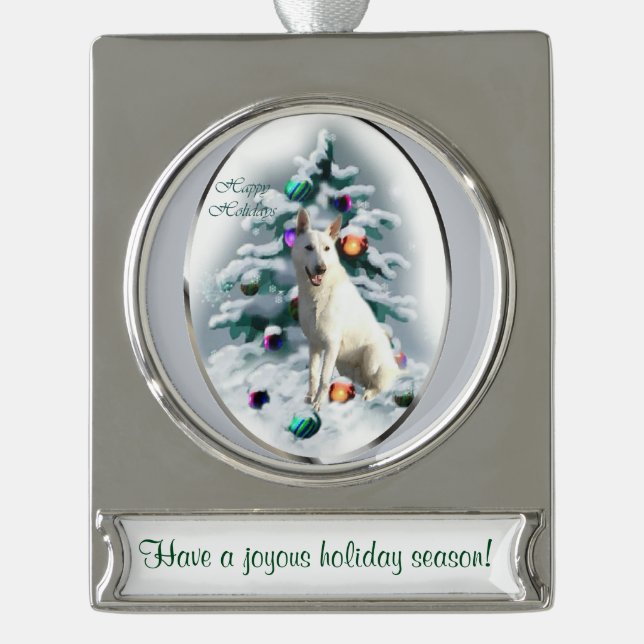 White German Shepherd Personalised Christmas Silver Plated Banner Ornament (Front)