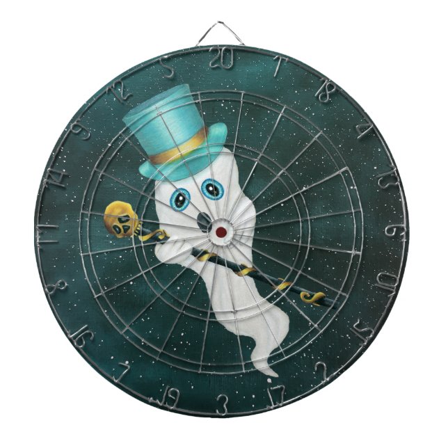 White Ghost Dressed Up in Top Hat Fancy Cane Sky Dartboard (Front)