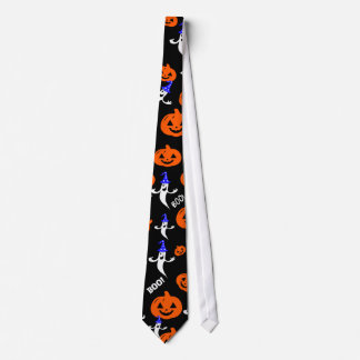 White ghost on head a hat with orange pumpkin tie