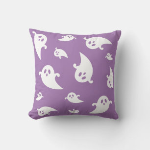White Ghost Silhouettes On Purple Spooky Halloween Cushion