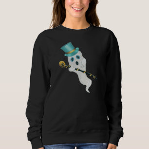 White Ghost Silly Face Holding Skull Cane Top Hat