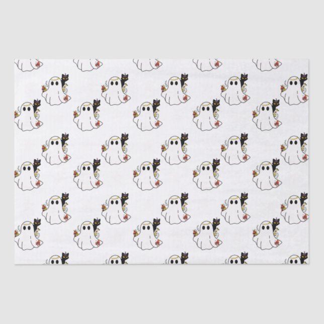 White Ghosts and Black Cats White Halloween Tissue Paper (Front)