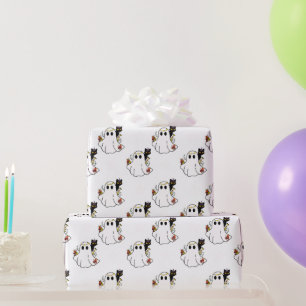 White Ghosts and Black Cats White Halloween Wrapping Paper