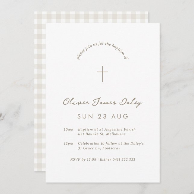 White Gingham Baptism Christening Cross Invitation (Front/Back)