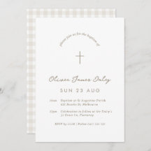 White Gingham Baptism Christening Cross Invitation