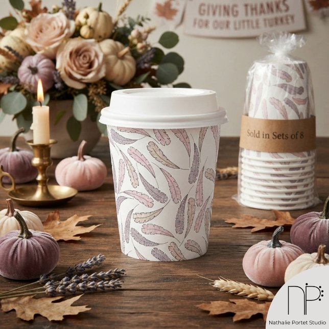 White Gingham Feathers Paper Cup (This white gingham paper cup features hand-drawn autumn feathers for cute baby shower parties.)