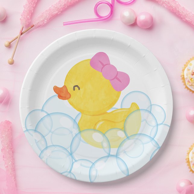 White Girl Watercolor Rubber Duck Party  Paper Plate (Watercolor Girl Rubber Duck Paper Party Plates on White for Birthday or Baby Shower)