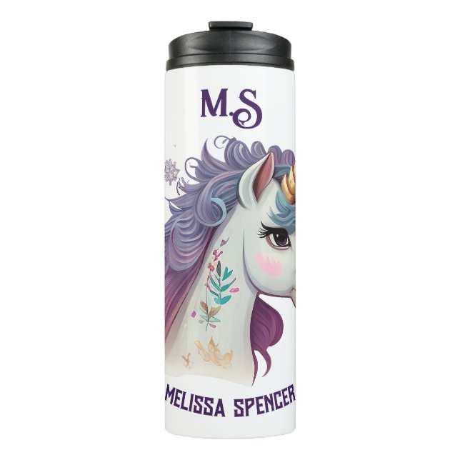 White Girls' Cute Elegant Purple Magical Unicorn  Thermal Tumbler (Front)