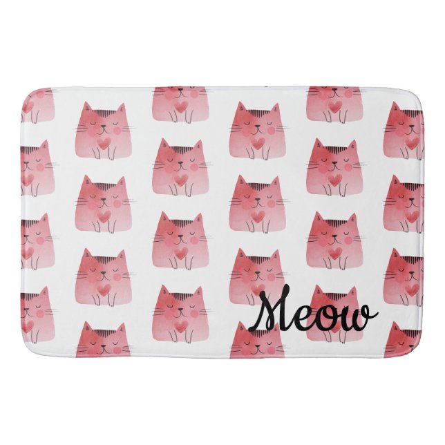 White Girly Pink Heart Cats  Bath Mat (Front)