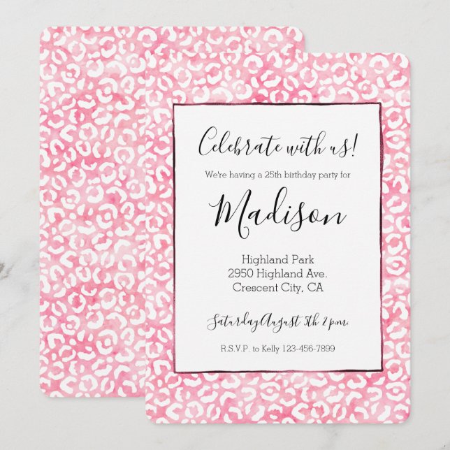 White Girly Pink Watercolor Leopard Print Invitation (Front/Back)