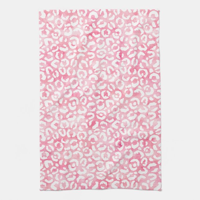 White Girly Pink Watercolor Leopard Print Tea Towel (Vertical)