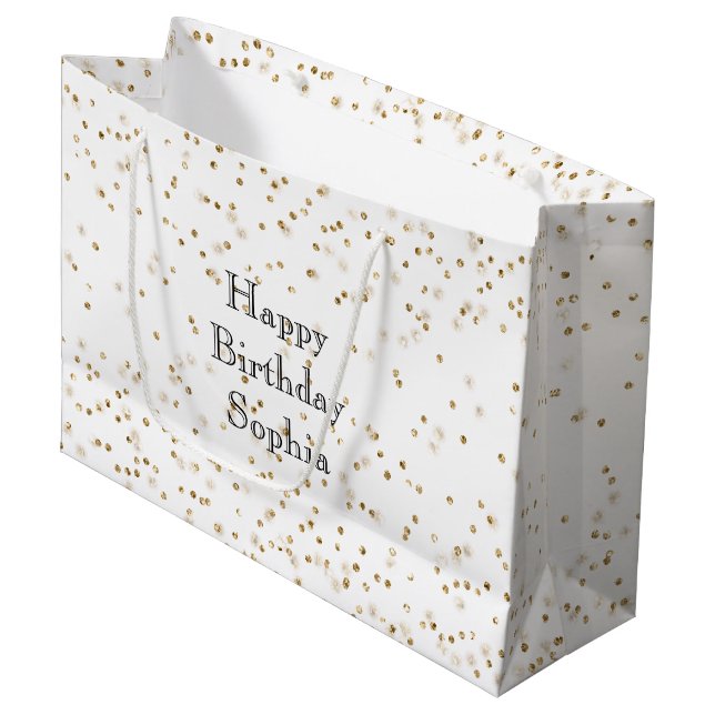 White Glam Gold Sparkle Confetti Birthday Large Gift Bag (Front Angled)