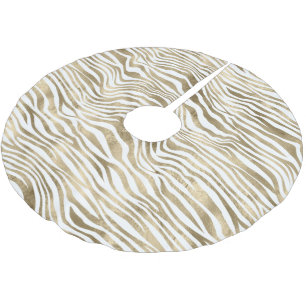 White Glam Gold Zebra Animal Print   Brushed Polyester Tree Skirt