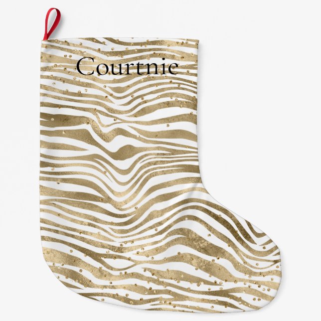 White Glam Gold Zebra Animal Print Glitter Dots Large Christmas Stocking (Front)