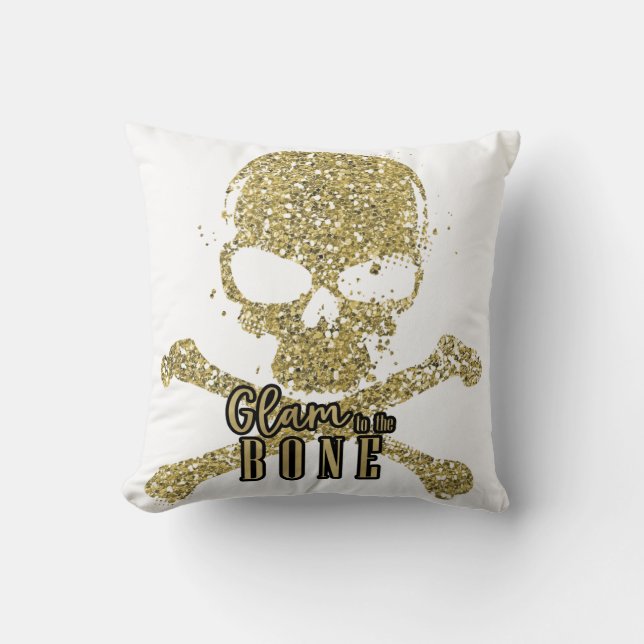 White Glam to the Bone Gold Glitter Skull Cushion (Front)