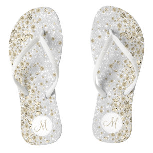 White Glitter and Gold Diamond Flip Flops