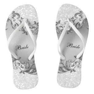 White Glitter and Gray Wedding Flip Flops