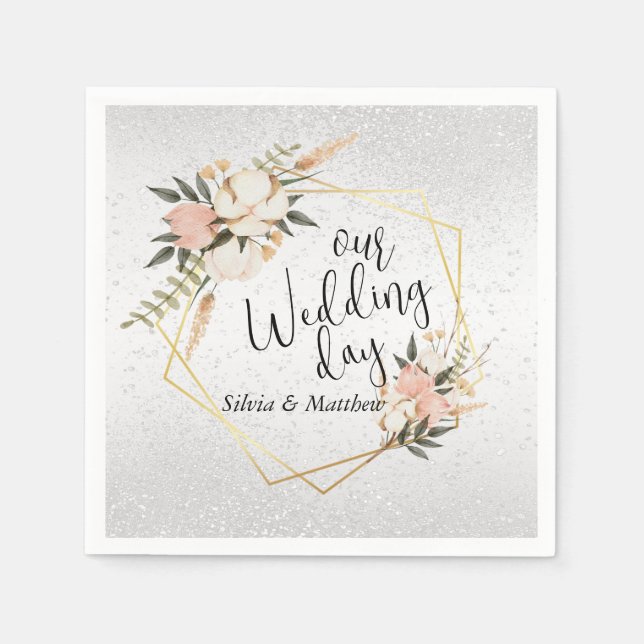 White Glitter and Peach Watercolor Floral  Napkin (Front)