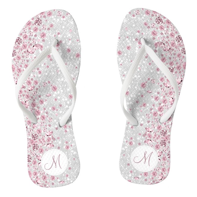 White Glitter and Pink Diamond Flip Flops (Footbed)