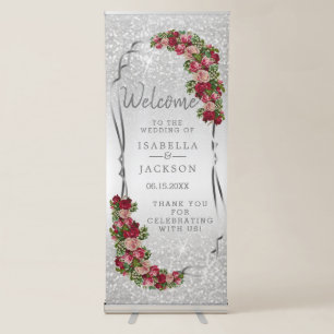 White Glitter and Red & Pink Rose Flowers Retractable Banner