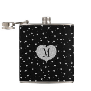 White Glitter & Black Cute Hearts Pattern Hip Flask
