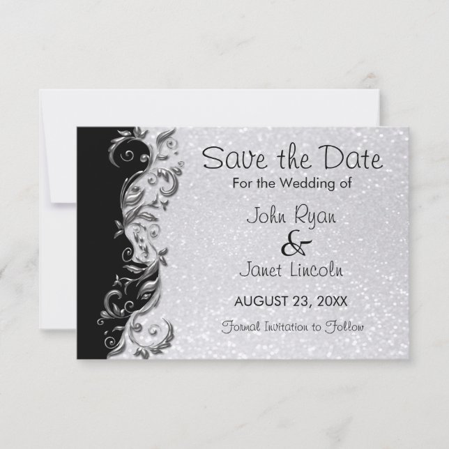 White Glitter, Black & Silver Floral Wedding Save The Date (Front)