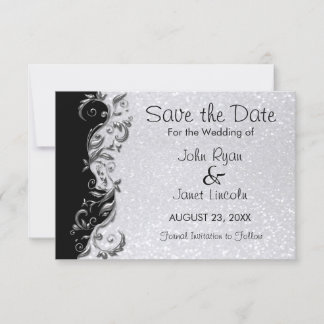 White Glitter, Black & Silver Floral Wedding Save The Date