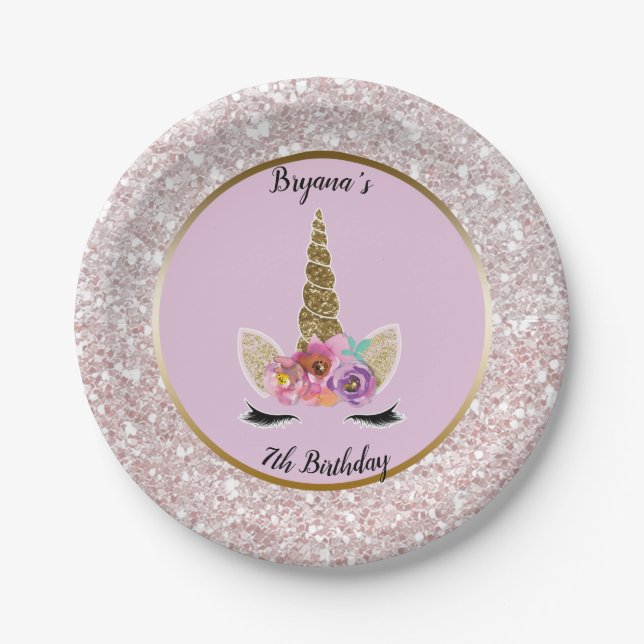 White Glitter Glam Unicorn Pink Birthday Party Paper Plate (Front)
