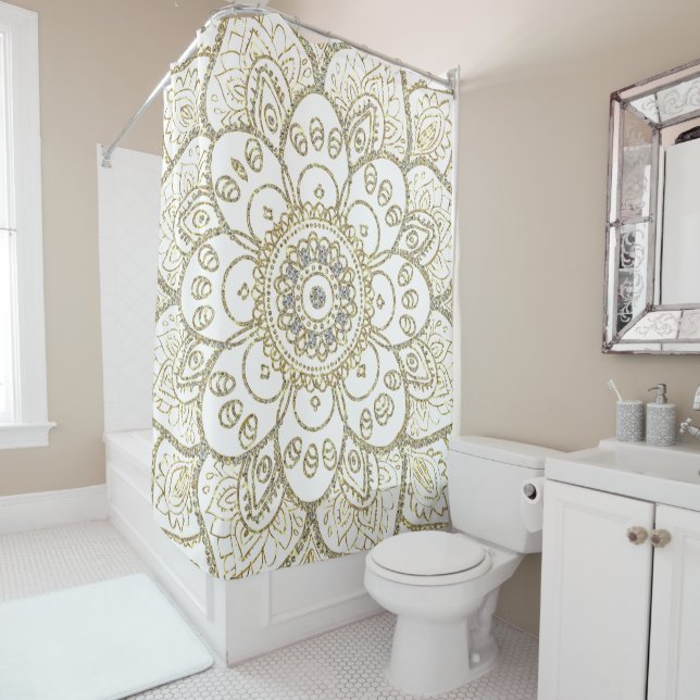 White Glitter & Gold Floral Mandala Shower Curtain (In Situ)