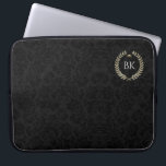 White glitter Laure wreath monogram Laptop Sleeve<br><div class="desc">White faux glitter texture laure wreath on a black damasks background. Optional monogram.</div>
