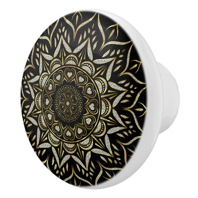 White glitter mandala hearts black background ceramic knob (Right)