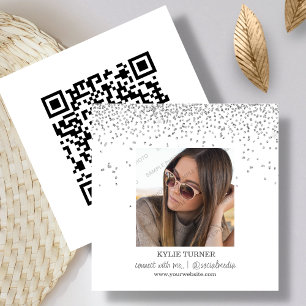 White Glitter   Photo   Social Media   QR Code   Square Business Card