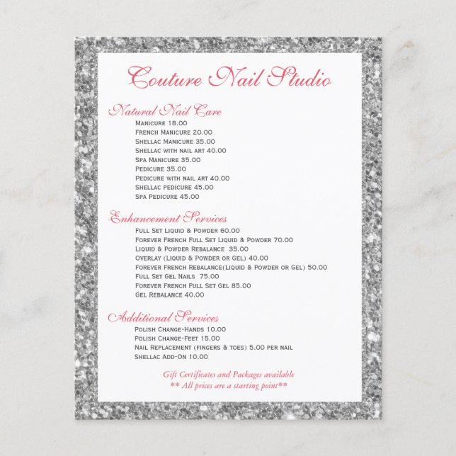 White Glitter Print Nails Menu List (Front)
