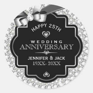 White Glitter & Silver 25th Wedding Anniversary Classic Round Sticker
