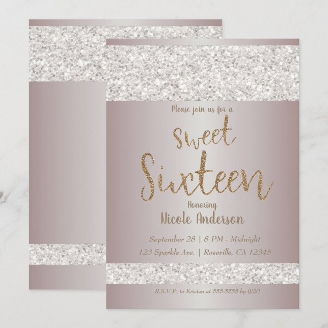 White Glitter Sparkle Blush Pink Sweet 16 Sixteen Invitation (Front/Back)