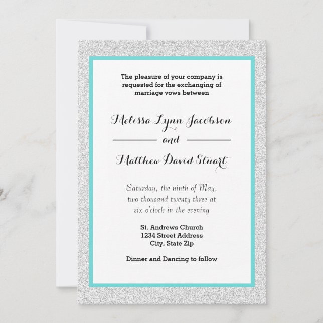 White Glitter & Teal Framed - Wedding Invitation (Front)