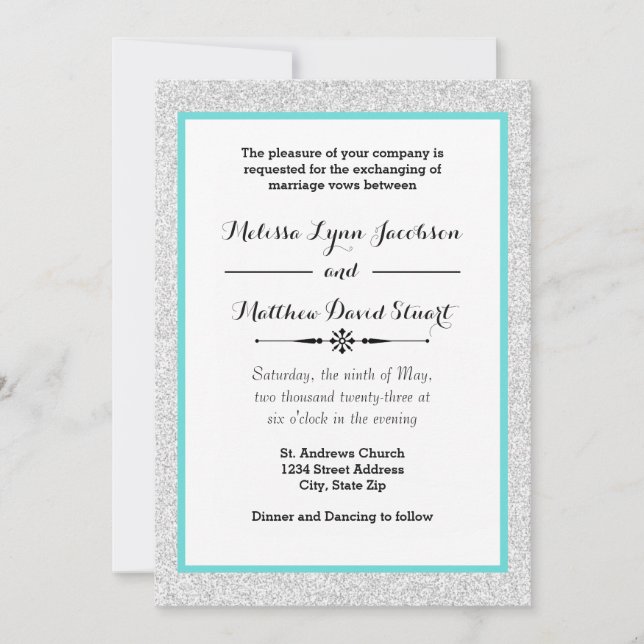 White Glitter & Teal Framed - Wedding Invitation (Front)