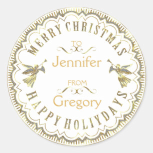 White & Glitter Typographical Christmas & Angels Classic Round Sticker