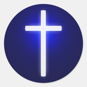 White Glow Religious Cross   Christian Navy Blue Classic Round Sticker
