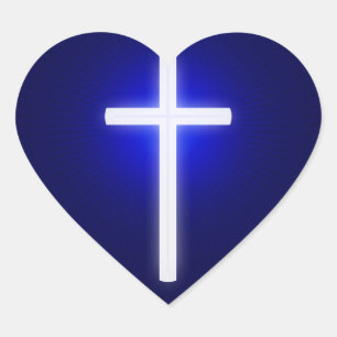 White Glow Religious Cross   Christian Navy Blue Heart Sticker