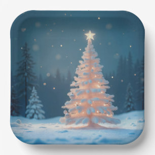 White Glowing Christmas Tree In Snow Paper Plate