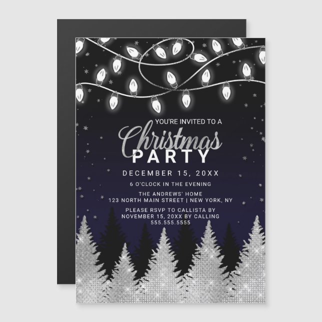 White Glowing Lights Glitter Trees Christmas Party Magnetic Invitation (Front/Back)