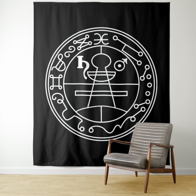 White Goetia Seal of Solomon on Black Tapestry (In Situ)