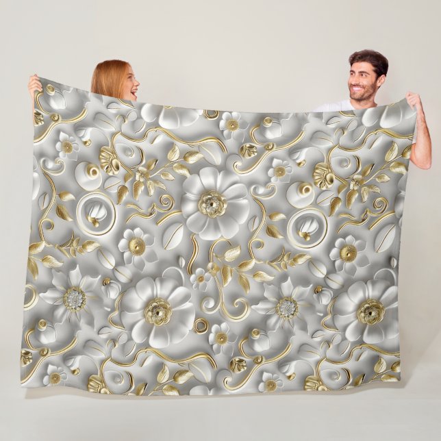 White & Gold 3D Floral Decorative Pattern Fleece Blanket (In Situ)