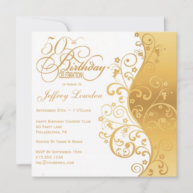 White & Gold 50th Birthday Party Invitation (Front)