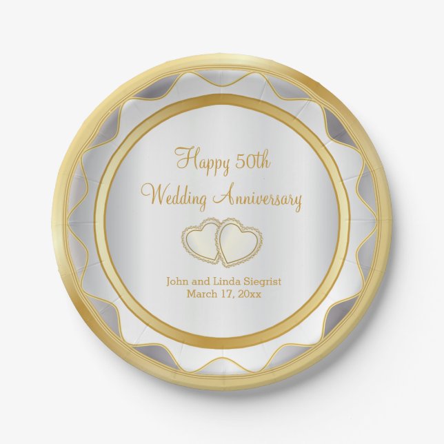 White & Gold 50th Wedding Anniversary Paper Plate (Front)